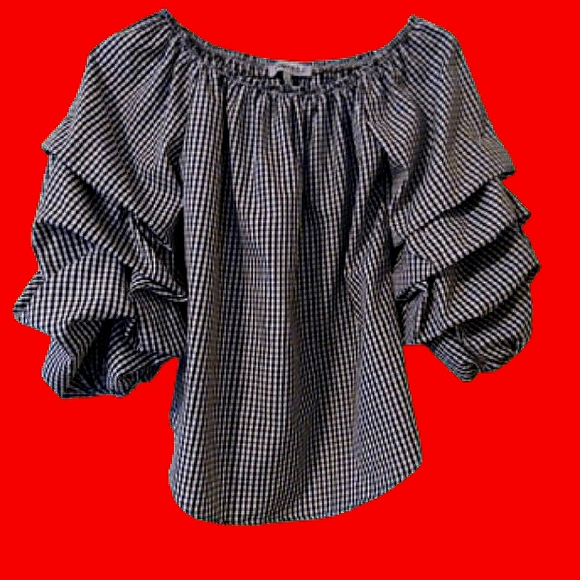 KONTROL Checkered Off the Shoulder Puff Sleeve Top Size Small - Picture 6 of 7